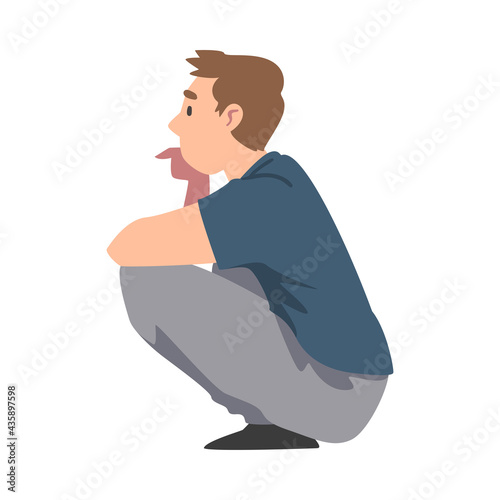 Young Man Squatting, Guy Sitting in Crouch Cartoon Vector Illustration
