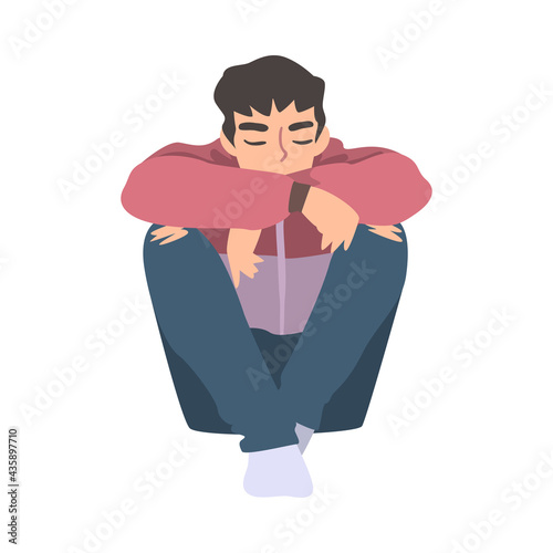 Young Man Sitting on Floor with her Knees Up Cartoon Vector Illustration