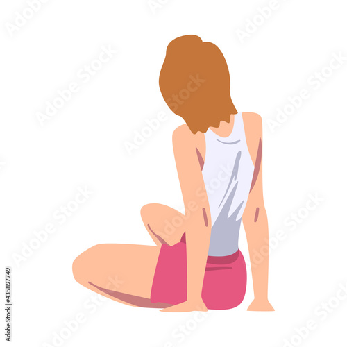 View from Above of Girl Sitting on Floor on his Knees Cartoon Vector Illustration