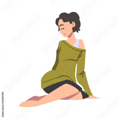 Beautiful Young Woman Sitting On Floor Cartoon Vector Illustration