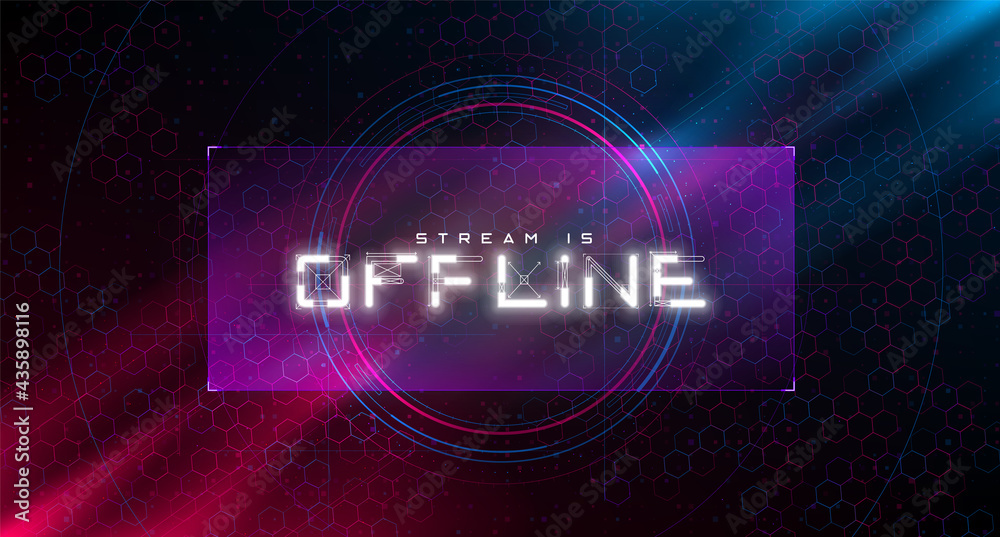 Futuristic offline twitch banner. Cyberpunk glowing offline title for the streaming screen. Stream gaming background with hexagon grid and blue and red lights. Vector