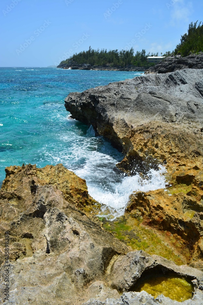 Island, Rocks by the sea, sea, waves, Bermuda, aqua, water, ocean, island, beautiful