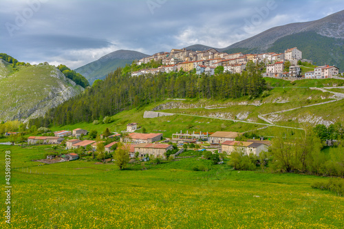 Panoramic view at spring of the small town of Opi, Abruzzo national park, Italy