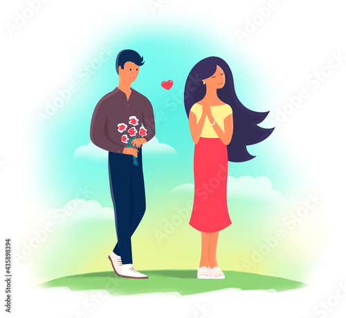 Young couple on a date. A young man gives his girlfriend a bouquet of flowers. Cartoon romantic illustration. Summer sky background
