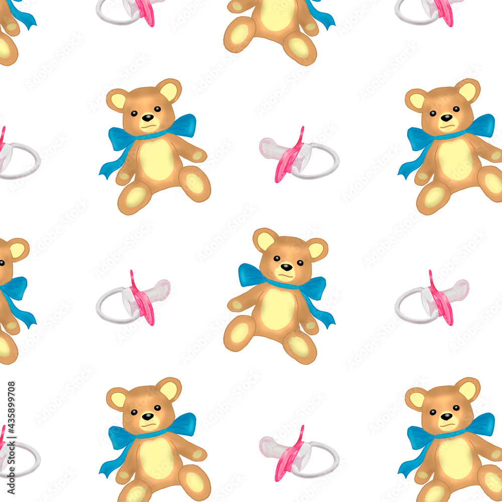 Digital art.Pink nipple and Bear on a white background.