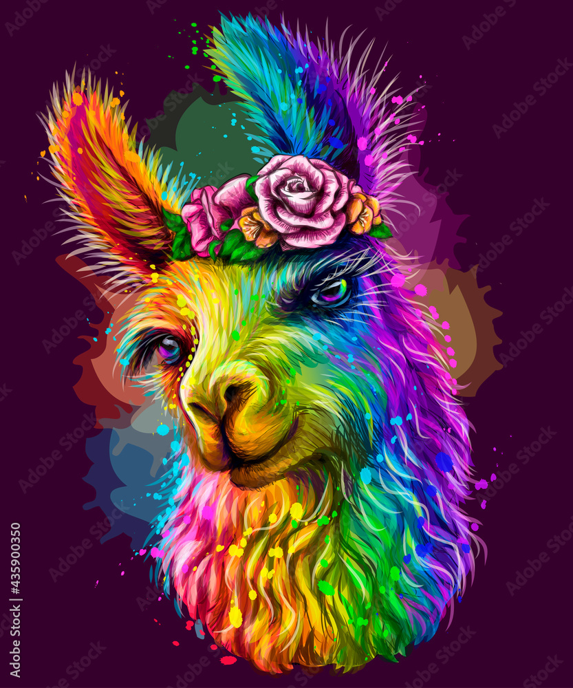 Lama/Alpaca. Sticker design. Abstract, Multicolored, Neon portrait of a lama on a dark purple background in the style of pop art. Digital vector graphics. Background on a separate layer.