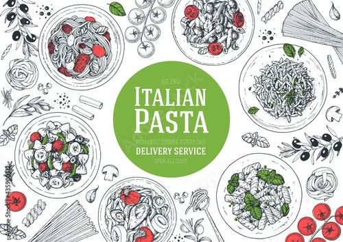 Italian Pasta frame. Hand drawn vector illustration. Italian Pasta top view. Food design template. Farfalle, Penne and Spaghetti illustration. Classic italian cuisine. Engraved style. NEW 2020
