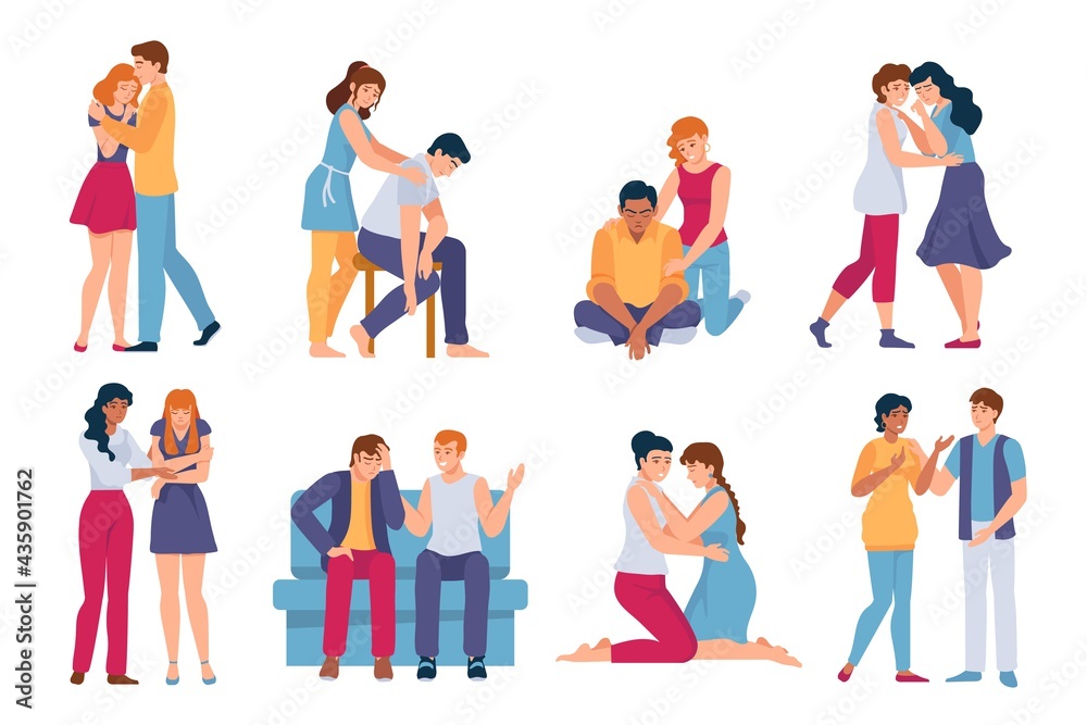 Friends comforting. Mental support for stressed, sad and depressed people. Family hug, care and comfort. Woman and man in sorrow vector set