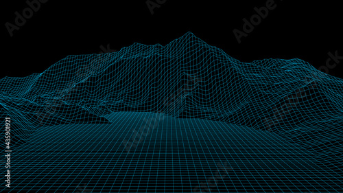 Abstract wireframe landscape, digital background. 3d vector technology grid. Vector illustration.