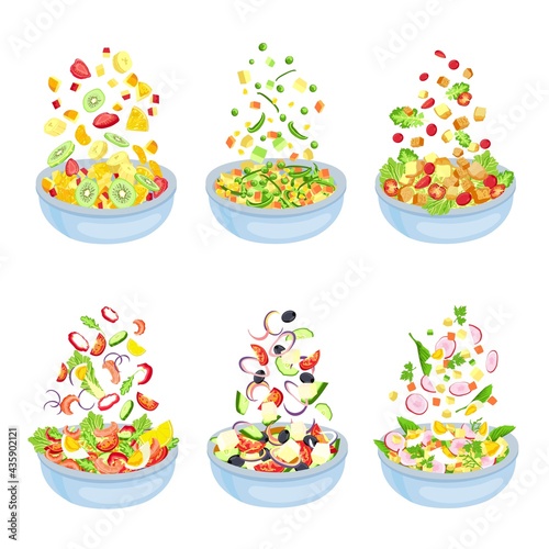 Vegetable salad. Healthy vegetarian dish explosion. Floating fruit slices and pieces. Bowl with salad leaf, cucumber and tomato, vector set