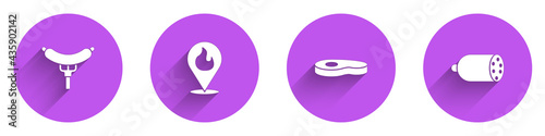 Set Sausage on the fork, Location with fire flame, Steak meat and Salami sausage icon with long shadow. Vector