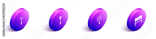 Set Isometric Barbecue fork, spatula, steel grid and BBQ brazier icon. Vector