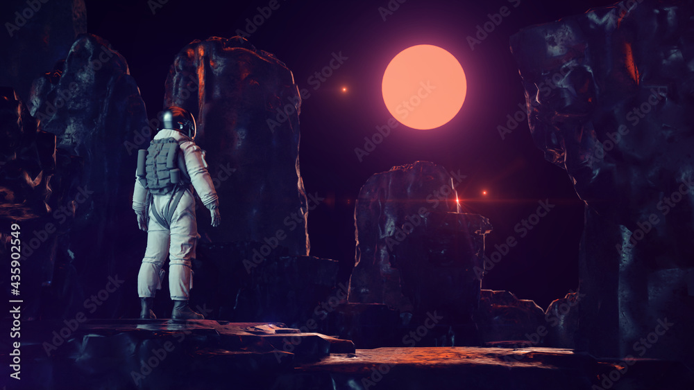 Astronaut In Dark Rocky Landscape Lookingt Into Starry Sky With Neon Glowing Sun | Science Fiction / Retrowave / Synthwave | 3D Render Illustration 8K 