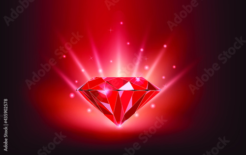 Ruby gemstone on red background vector illustration EPS10. Transparent objects and opacity masks used for shadows and lights drawing