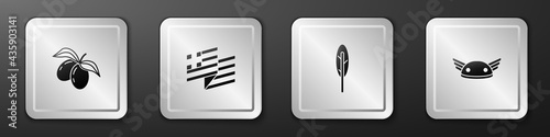 Set Olives branch, Greece national flag, Feather pen and Helmet with wings icon. Silver square button. Vector