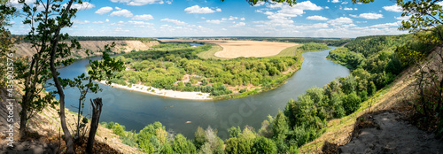 Summer landscape with beautiful river Don  high sand hills and forest. Krivoborie in Voronezh Region  Russia