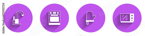 Set Water tap, Oven, glove and Microwave oven icon with long shadow. Vector