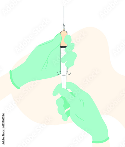 Hand with injection syringe. syringe in hand. Vaccine or insulin injection. Vaccination to prevent illness, disease. invent treatment from novel coronavirus. 
