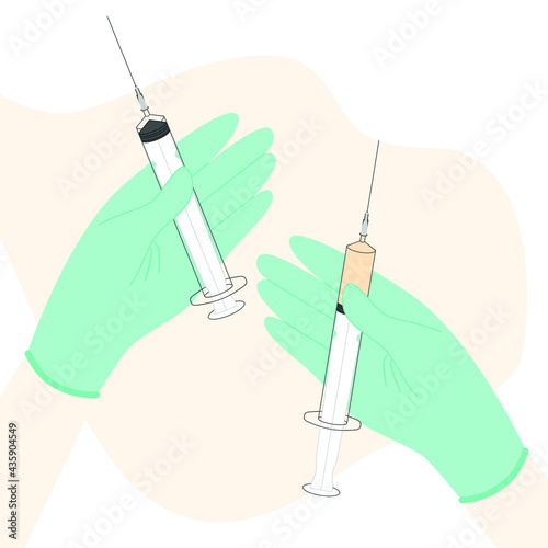 Hand with injection syringe. syringe in hand. Vaccine or insulin injection. Vaccination to prevent illness, disease. invent treatment from novel coronavirus. 