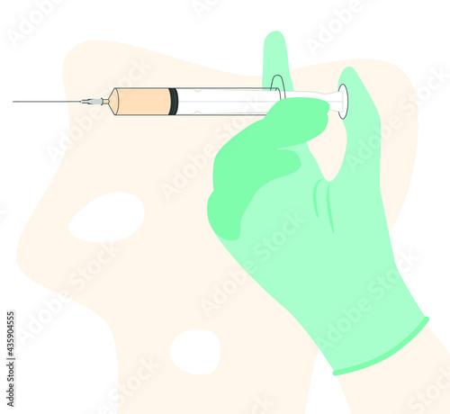 Hand with injection syringe. syringe in hand. Vaccine or insulin injection. Vaccination to prevent illness, disease. invent treatment from novel coronavirus. 