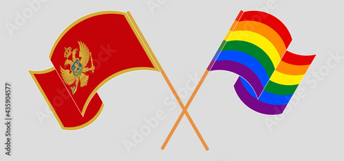 Crossed and waving flags of Montenegro and LGBTQ