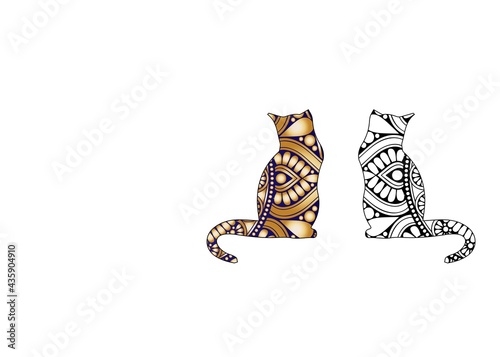 Stylized colorful doodle cat. Hand drawn cartoon animal illustration, coloring book page. Decorative ornate for T-shirt emblem, logo or tattoo. Zen art, isolated design element