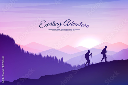 Vector background with tourists. Travel concept of discovering, exploring and observing nature. Hiking. Travelers climb with backpack and travel walking sticks. Website template. Flat purple landscape © VVadi4ka