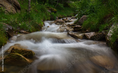 small river falling among the rocks and trees of the forest