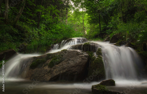 small river falling among the rocks and trees of the forest