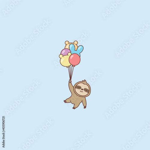 Cute sloth holding balloons cartoon, vector illustration