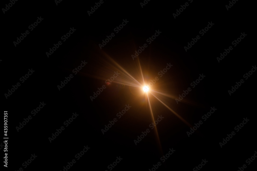 Easy to add lens flare effects for overlay designs or screen blending mode to make high-quality images. Abstract sun burst, digital flare, iridescent glare over black background.