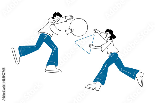 Two people cooperate among themselves, a symbol of collaboration, brainstorming, and teamwork. Business concept. Doodle outline illustration