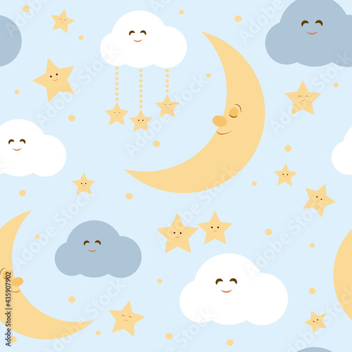  Seamless pattern with cute sleeping moon, stars and clouds. Vector illustration. It can be used for wallpapers, wrapping, cards, patterns for clothes and other.