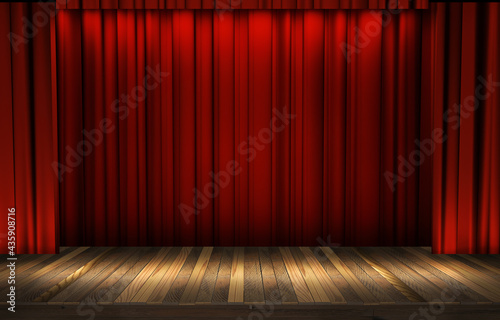 Theater stage with a red curtain, ready for a show. 3D rendering virtual show backdrop