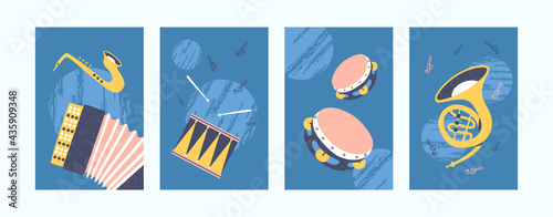 Illustration set for music concept in retro style. Collection of art posters in pastel colors. Drum, tambourine, pipe and accordion on blue background. Can be used for banners, website designs