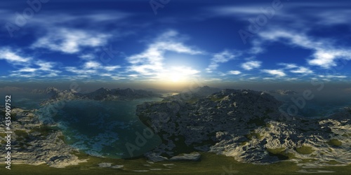 HDRI, environment map , Round panorama, spherical panorama, equidistant projection, panorama 360, Hills and lakes