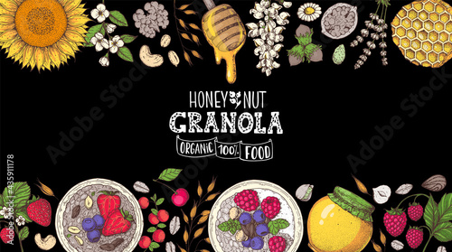 Granola ingredients illustration. Oat flakes , berries, fruits and nuts hand drawn. Granola Breakfast top view frame. Muesli food menu design. Hand drawn vector illustration. Granola colorful design