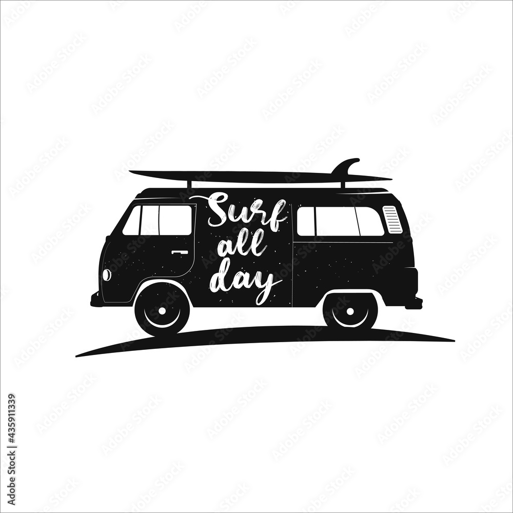 Surf every day. The concept of the travel by bus logo. Retro vector illustration