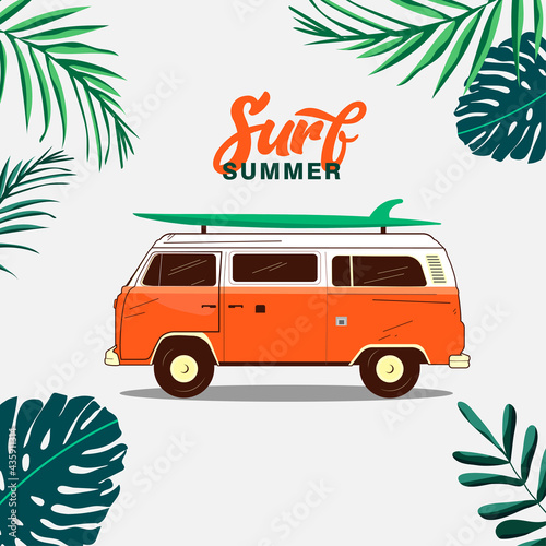 Vintage surf travel bus concept. Summer tropical background. Flat vector illustration