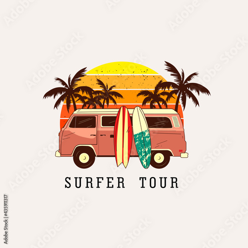 Vintage retro surf van with palm trees on the background of the sun. Hand-drawn T-shirt with a pattern, print. Vector illustration.The concept of the travel by bus logo. Retro vector illustration
