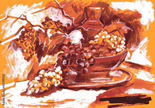 Still life with grapes in orange colors. Monochrome sketch.