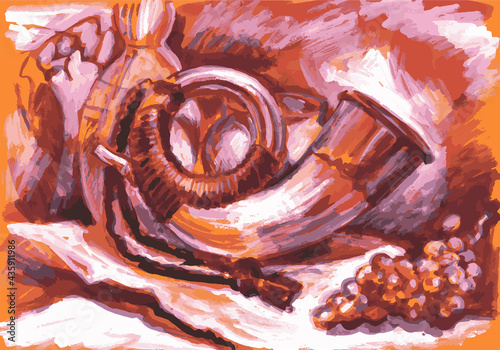 Still life with a hunting horn and a bunch of grapes. Sketch in orange and red tones.