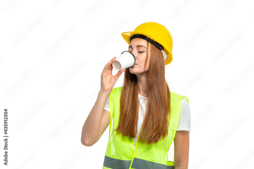 Coffee delivery to red hair woman in helmet and vest Coffee delivery to red hair woman in helmet and vest