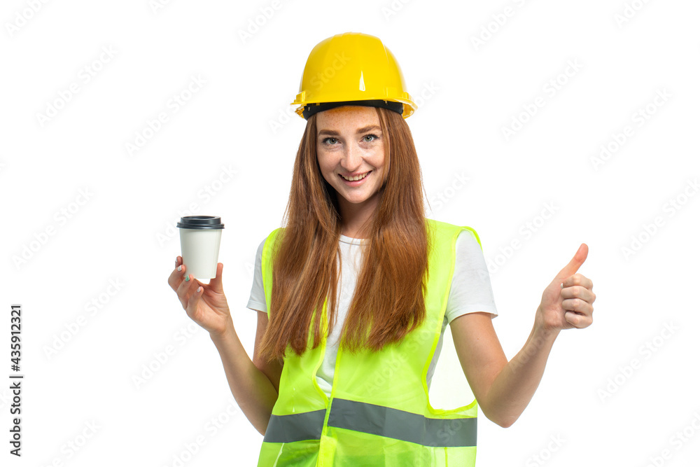 Coffee delivery to red hair woman in helmet and vest Coffee delivery to red hair woman in helmet and vest