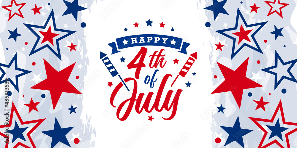 Happy 4th of July since 1776, USA Independence day Celebration design with firework and stars on watercolor with red blue color stars background promotional advertising banner template. - obrazy, fototapety, plakaty 