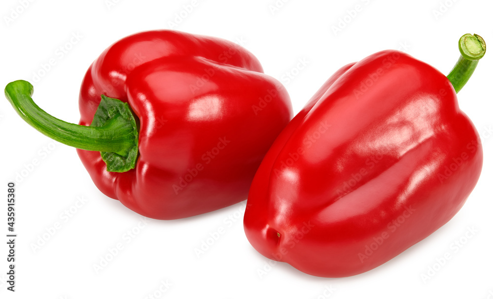 two red sweet bell peppers isolated on white background. clipping path two red sweet bell peppers isolated on white background. clipping path