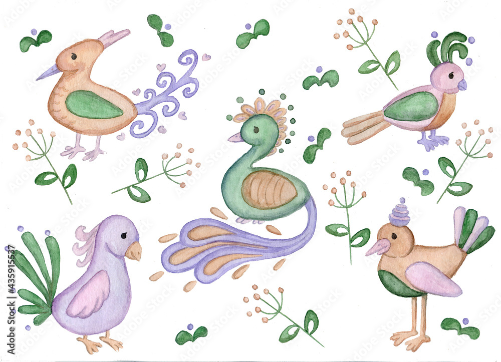 Hand drawing watercolor birds violet and green