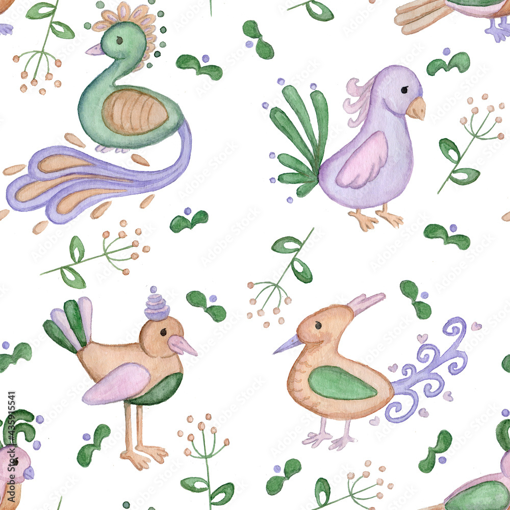 Hand drawing watercolor birds violet and green pattern