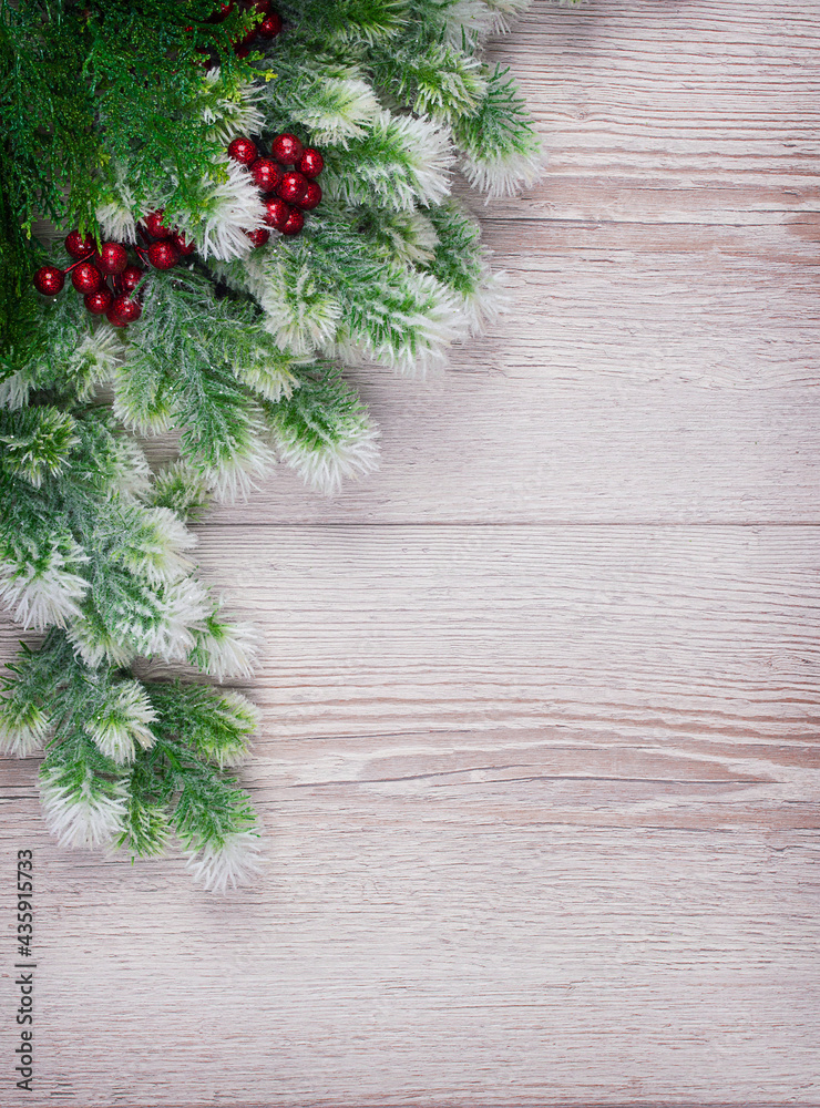 Christmas still life with snowy pine and fir branches on light background. Winter or Christmas festive concept. Top view