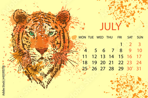2022 July, calendar month with a tiger's head. Contour graphics on an abstract background of imitation of watercolor texture. Vector illustration.
